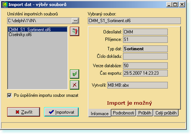 Předávání dat mezi stanicemi v souborech 108 4. Klepnutím na tlačítko [Exportovat] spusťte export. Pozn. Export číselníků lze vyvolat i z menu akcí z agendy Sortiment. Import: 1.