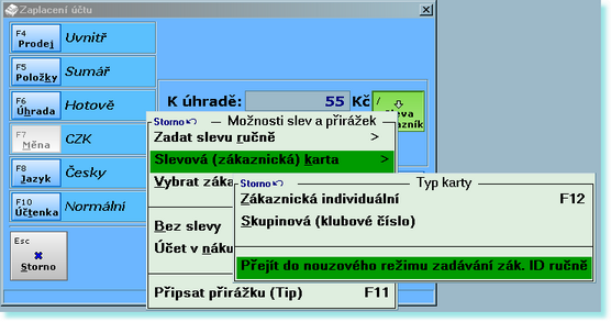 111 Tomuto zákazníkovi nebude možno poskytnout slevu jinak než pomocí jeho karty.1 1 To platí za předpokladu, že je v nastavení programu zapnuto načítání karet čtečkou.