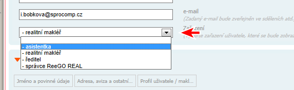 8.1.4 Zařazení V tomto poli volíme zařazení uživatele do některé skupiny pracovního zařazení. Tato volba nemá vliv na oprávnění uživatele a údaj, který zde zvolíte, bude použit ve veřejných zdrojích.