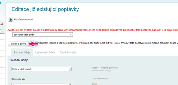 obr. 7 Po uložení a uzavření poptávky a jejího odeslání do systému je poptávka ihned párovaná s nabídkami a poptávající klient, pokud nemá na kartě klienta