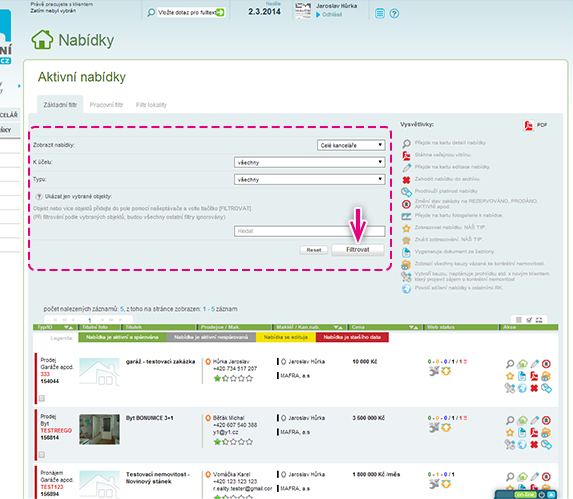 V levé horní části karty výpisu, vedle vysvětlivek, jsou umístěny vyhledávací filtry (obr. 15).