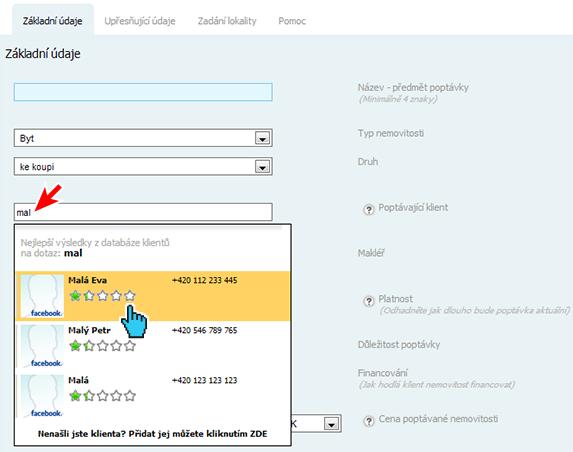4.2 Prvky formuláře poptávky vyžadující zvláštní pozornost 4.2.1 Poptávající klient Ve formuláři pro přidání nové poptávky v