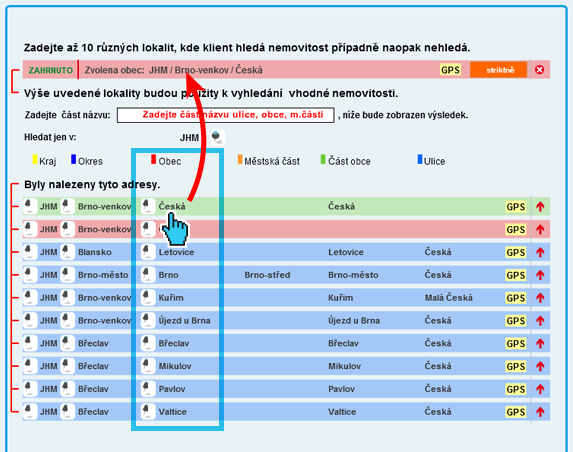 obr. 29 Tímto postupem jsme přidali do seznamu klientem poptávaných lokalit obec Česká.