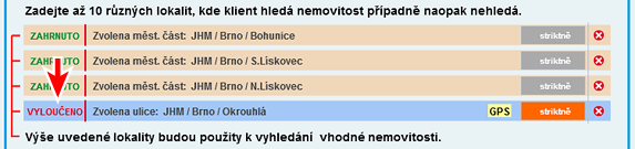 obr. 33 Protože klient nechce nemovitost na ulici Okrouhlá, nastavíme ji jako vyloučenou. V levé části řádku ulice Okrouhlá najedeme myší na nápis [Zahrnuto] a stiskneme tlačítko [Vyloučit] (obr. 34).