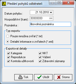 14.2. Předání pohybů odběrateli Menu: Exporty dat, 2 - Předání pohybů odběrateli Volba slouží pro předání seznamu prodávaných zvířat odběrateli, který používá některý z programů Evidence mléčného