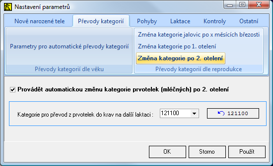 Převody kategorií jalovic dle délky březosti není nutné provádět hned po spuštění programu, lze použít menu Funkce, Převody kategorií, nastavení "doporučené převody". 19.8. Změna kategorie po 1.