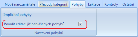 Povolit editaci již nahlášených pohybů Menu: Nástroje, 4 - Nastavení parametrů, záložka "Pohyby" V programu je standardně zablokována možnost provádět jakékoliv opravy v pohybech, které již byly