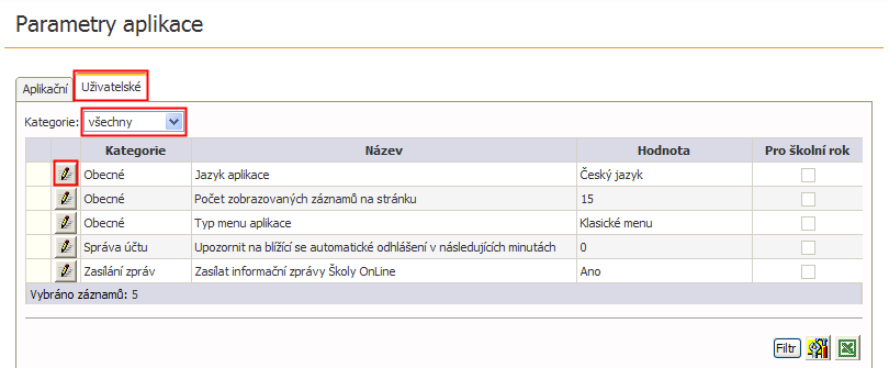 Popis funkce aplikačních a uţivatelských parametrů je uveden v detailu příslušného parametru, který se zobrazí po stisku ikony.