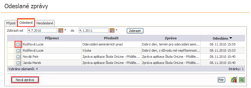 konkrétní zprávy. Pod tabulkou máme na výběr zobrazit zprávy všechny nebo jen nepřečtené. Tlačítkem Nová zpráva je moţné napsat novou zprávu, viz kapitola 1.