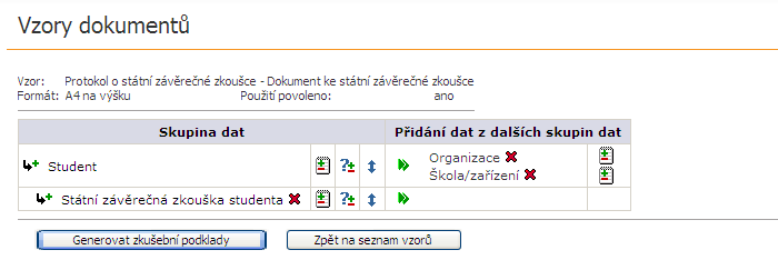 Druhá ikona slouţí k úpravě struktury vzoru, která určuje data, ze kterých bude tvořen výsledný dokument. Vytváříme zde úrovně dokumentu, které pak ovlivňují výsledný vzhled formuláře.