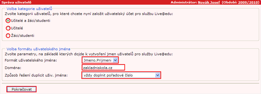 8.2Správa uživatelů Formulář slouţí k vytvoření souboru, který pouţijeme při importu osob z aplikace Katedra do administrátorského rozhraní Microsoft Live@edu.