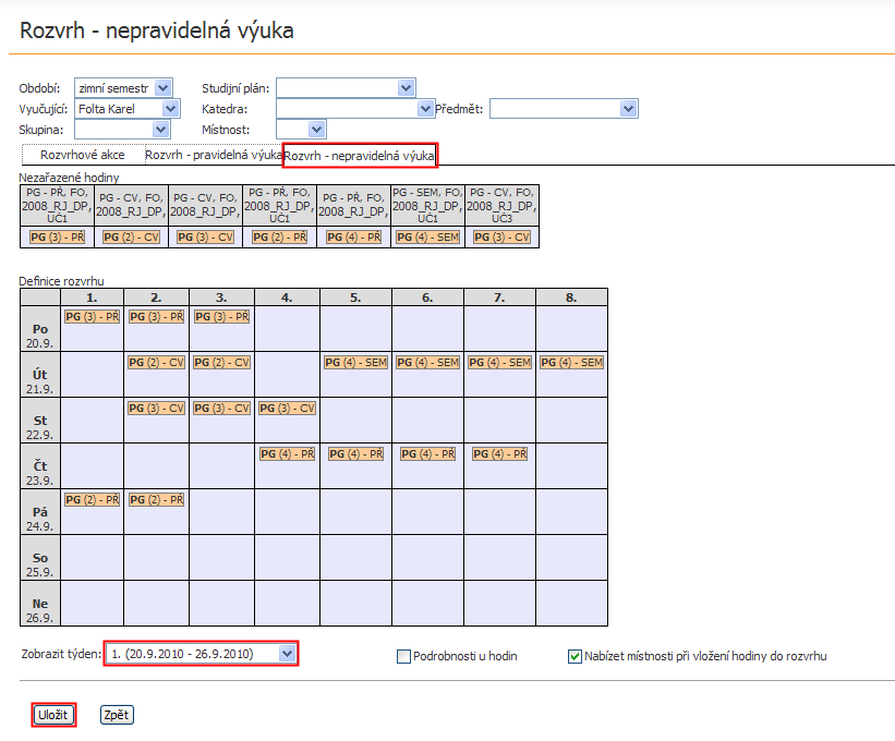 Upozornění: Díky nastavení hodnot v polích Od: a Do: lze kalendář aktualizovat i do minulosti. 5.1.3.3 Rozvrh - nepravidelná výuka Poslední záloţka slouţí pro jednorázové úpravy v rozvrhu.