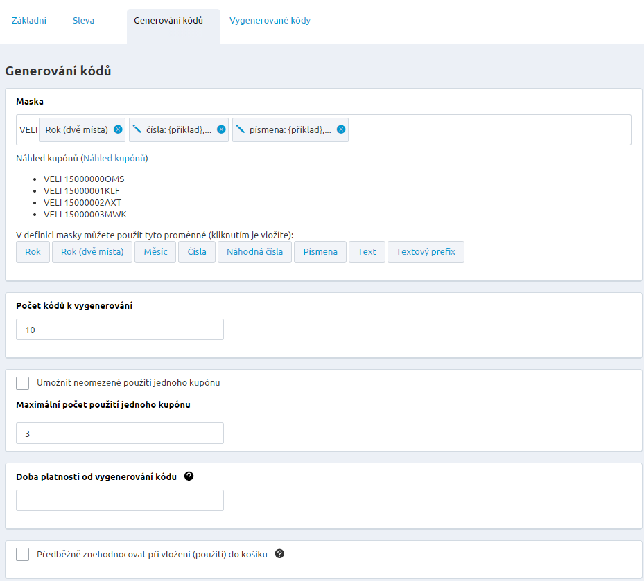 Ve třetí záložce Generování kódů si jednoduše nastavíte masku, která vám vygeneruje slevové kupóny.