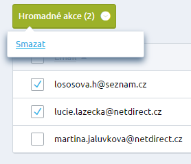 V seznamu můžete hledat, e-maily označit a smazat. Práci se seznamem vám umožní možnosti vybrat vše na stránce, zrušit výběr. Stačí zatrhnout pole v hlavičce tabulky (vedle Emailu).