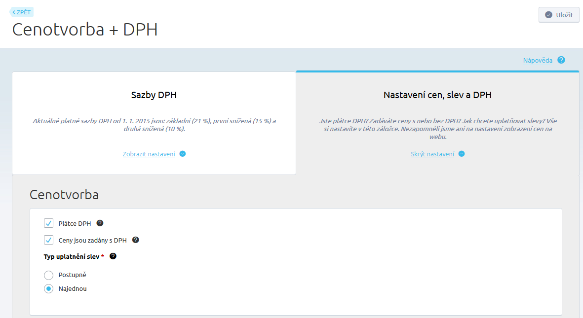 Obecný popis cenotvorby Pro zobrazování cen a jejich popisků se vychází z položky Plátce DPH. Tuto položku naleznete v části Nastavení/Cenotrorba + DPH záložka Nastavení cen, slev a DPH.