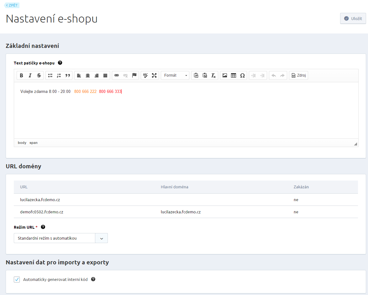 Text patičky e-shopu - zde si můžete editovat zápatí stránky. Pro editaci je určen HTML editor. URL domény zobrazují všechny vaše domény.