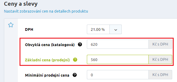 Zobrazení na e-shopu Na stránkách shopu v přehledech zboží (novinky, doporučené, kategorie) je zobrazována vypočtená prodejní cena (Základní cena), přeškrtnutá běžná cena (Obvyklá cena) a procentní