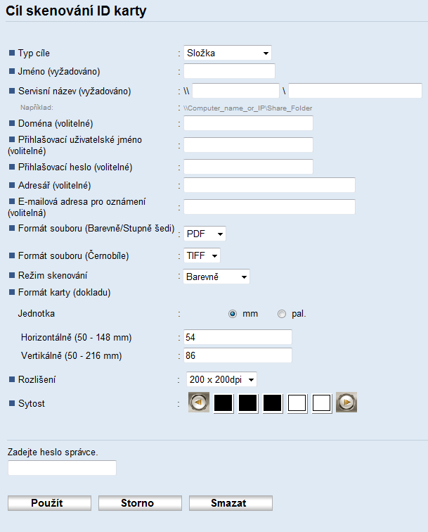 Registrace cílů skenování Položka Nastavení Popis Formát souboru (Černobíle) Režim snímání Formát karty (dokladu) Rozlišení Sytost Vyžad. Vyžad. Vyžad. Vyžad. Vyžad. Formát souboru skenovaného dokumentu při černobílém skenování.