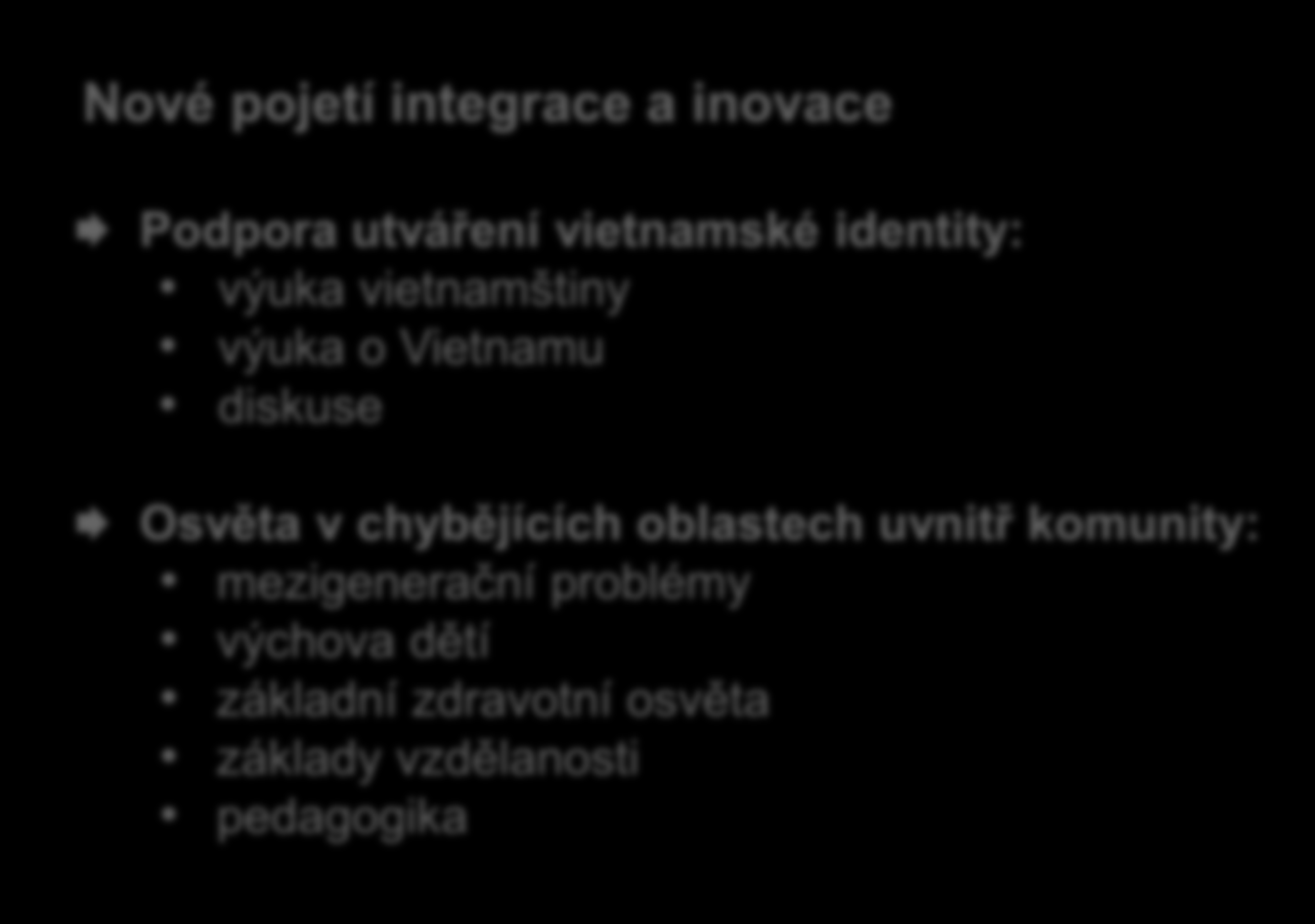 Naše záměry a cíle 2 Nové pojetí integrace a inovace Podpora utváření vietnamské identity: výuka vietnamštiny výuka o Vietnamu diskuse