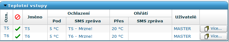 5.4.3 Teplotní vstupy Jednotlivé teplotní vstupy lze nastavit v Nastavení v záložce teplotní vstupy.