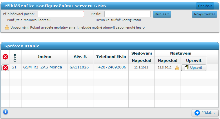 7. Výběr stanice Na této kartě je pole pro přihlášení k serveru GPRS a přehled jednotlivých stanic. 7.1 Správce stanic Zde je zobrazen výpis všech stanic, které byly nainstalovány.