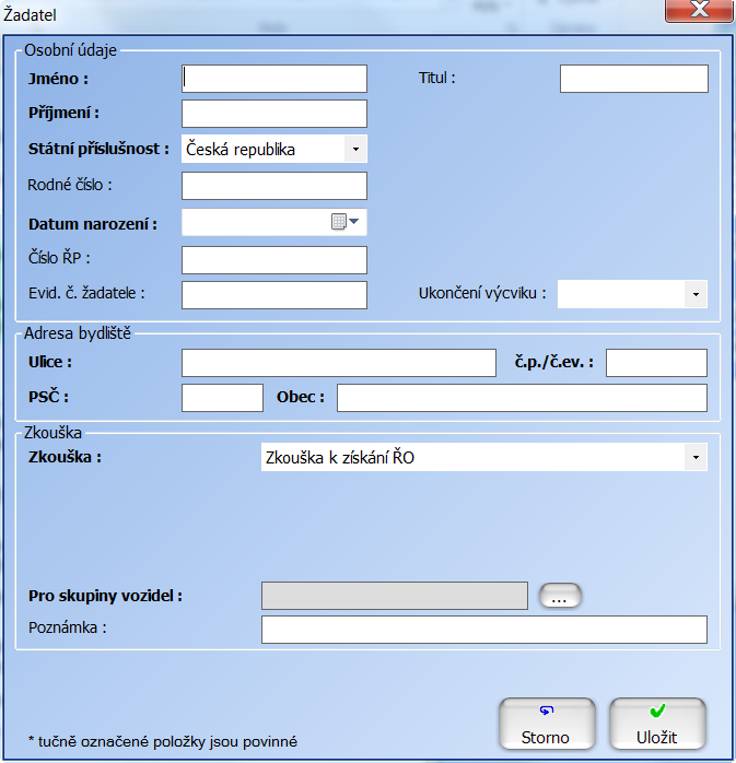Obrázek 5: Dialog Žadatel [] Do zobrazeného formuláře zadejte nacionále žadatele, rodné číslo a adresu bydliště.