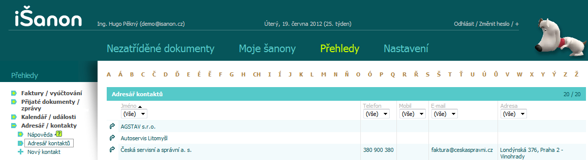 1 2 3 Obrázek 15: Adresář Uložené kontakty lze snadno vyhledávat podle počátečního písmene