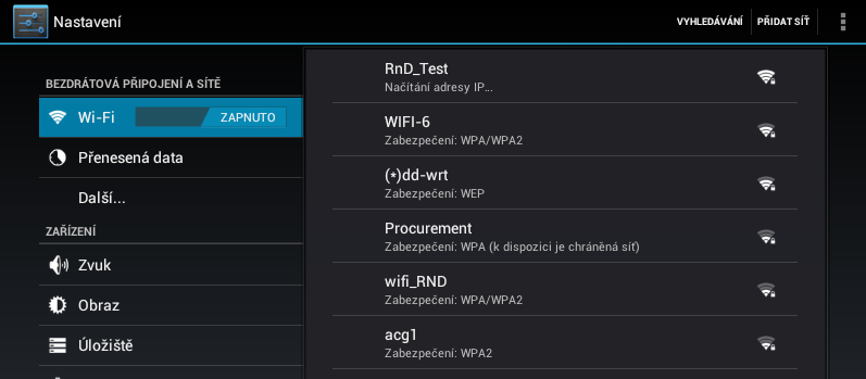 NASTAVENÍ 33 PŘIPOJENÍ WI-FI Připojení k síti Wi-Fi s automatickým získáním IP adresy 1.