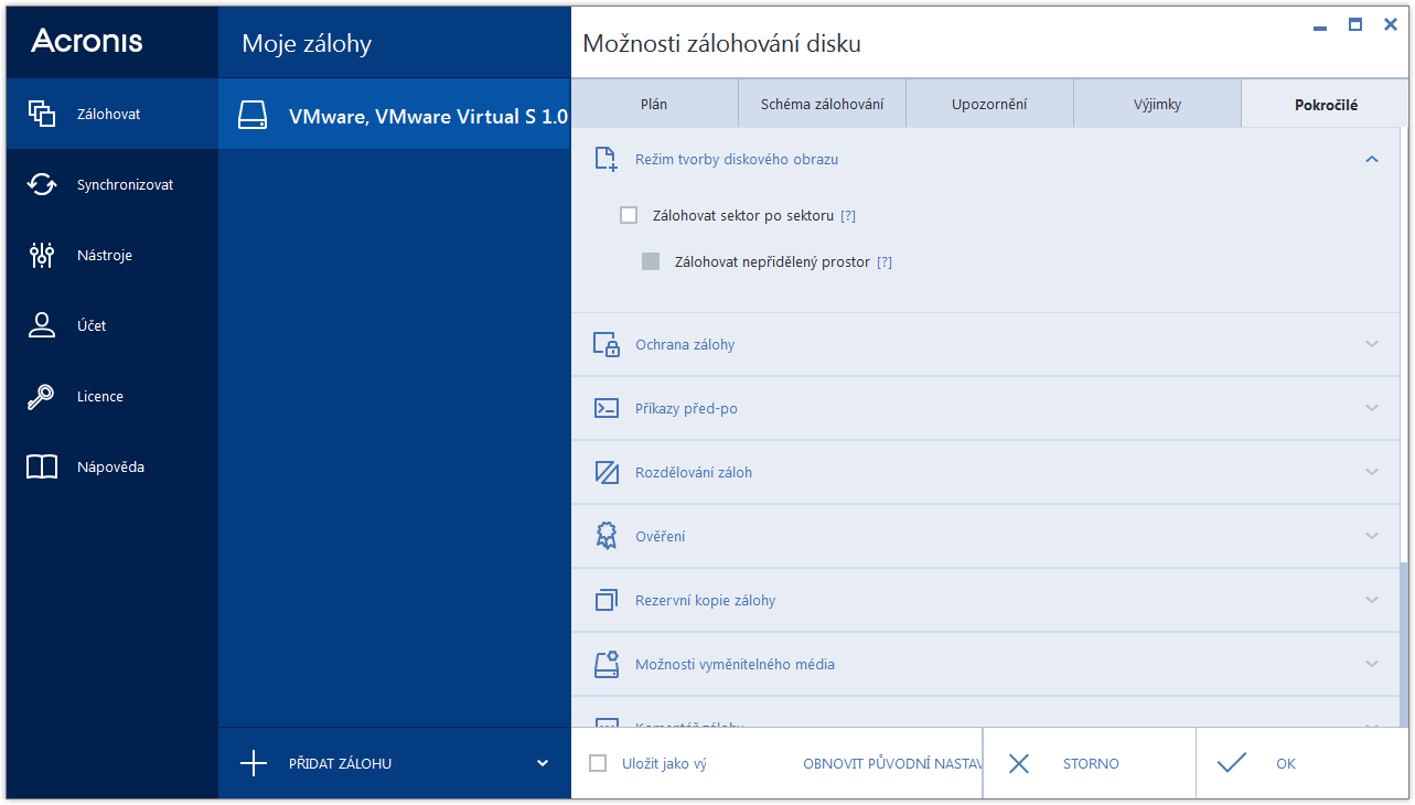 Po instalaci aplikace jsou všechny možnosti nastaveny na výchozí hodnoty. Můžete je měnit pouze pro aktuální operaci zálohování nebo pro všechny budoucí operace zálohování.