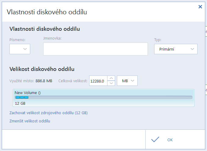 8. Vyberte nepřidělené místo na cílovém pevném disku. Aplikace vytvoří diskový oddíl, který zabírá celé nepřidělené místo. 9.