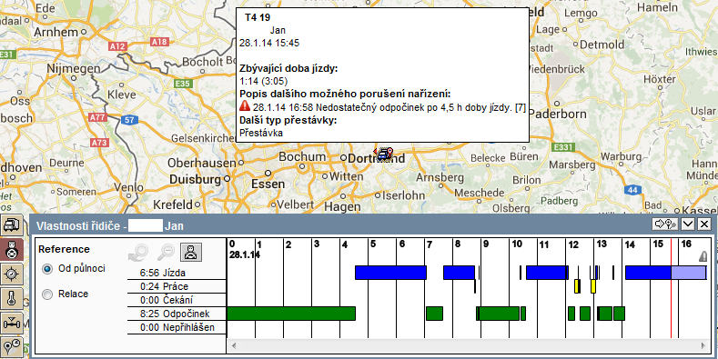 3) Zobrazení Časů jízdy řidiče na mapě Pokud najedete kurzorem myši na auto na mapě, pak se Vám zobrazí informace o časech řízení řidiče. 1. 2. 3. 4. 5. 6. Vysvětlení popisek obrázku 1.