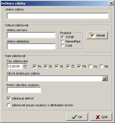 12 Volba Záloha - Start vytvoří v cílovém adresáři zálohování soubor Prefix cílového souboru + yymmdd.zip, kde yy je aktuální rok, mm je aktuální měsíc a dd je aktuální den.