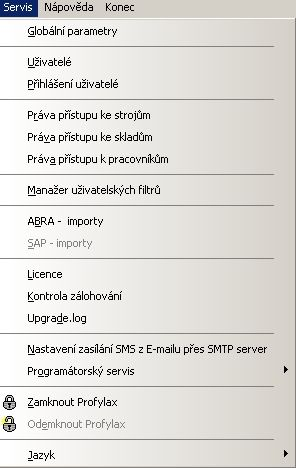 84 2.2.13 Servis Parametry 85 Uživatelé 90 Přihlášení uživatelé 92 Práva přístupu ke strojům 92 Práva přístupu ke skladům 93 Práva přístupu k pracovníkům 94 Manažer