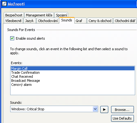 Zaškrtněte Enable sound alerts (umožni zvuková varování). Pokud nechcete nic měnit, klepněte na tlačítko Use Defaults (použít stávající).