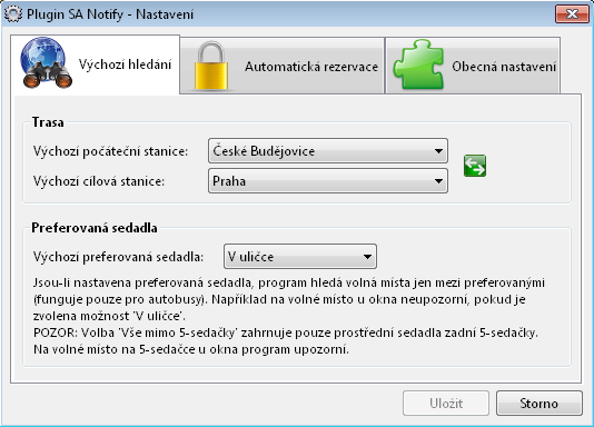 C.2. ÚKOL 2 PRÁCE S PLUGINEM SA NOTIFY C.2.4 4. V nastavení pluginu nastavte preferovaná sedadla V uličce Obrázek C.10: Dialog Nastavení pluginu SA Notify, záložka Výchozí hledání Je akce vidět?