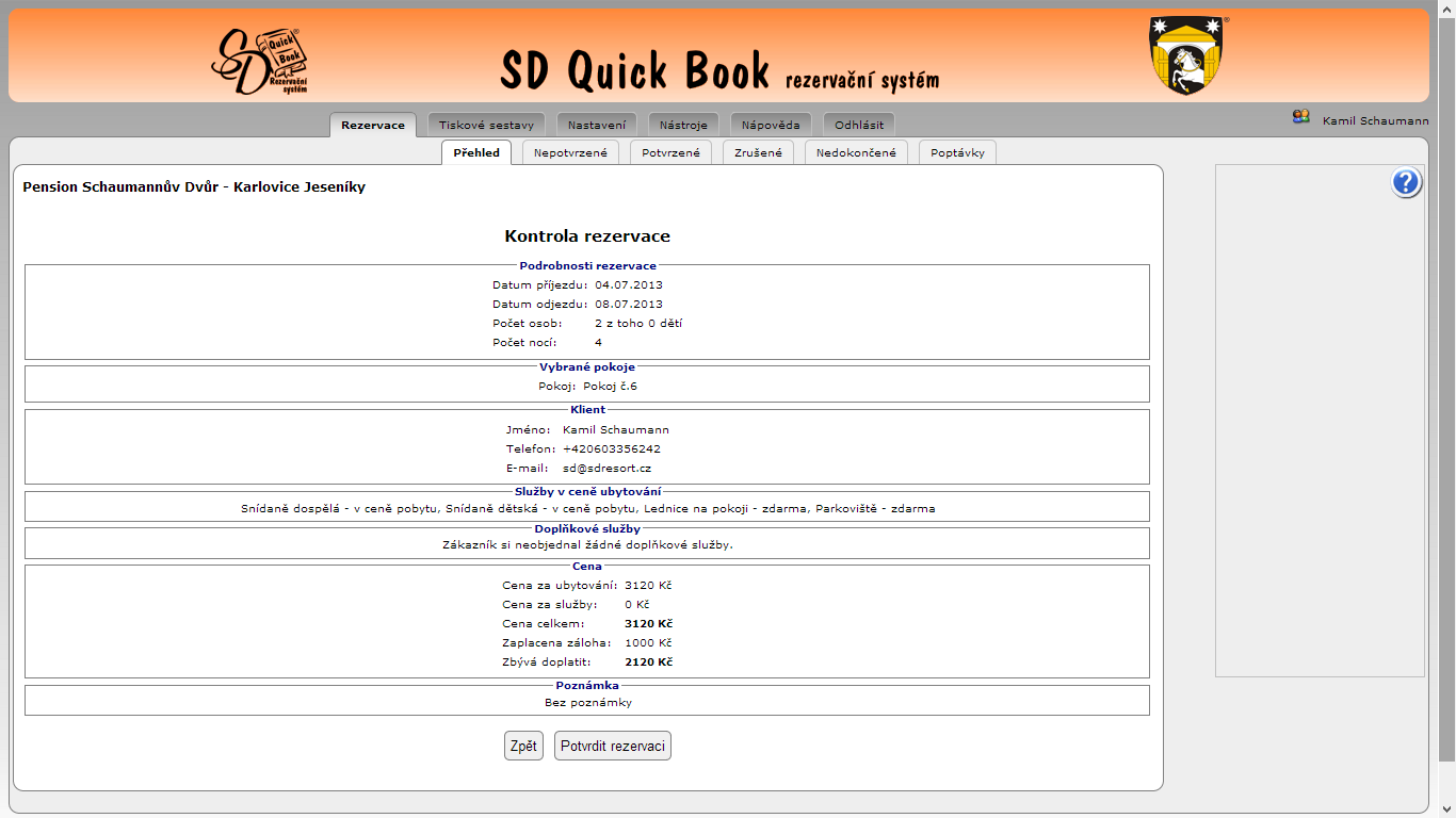 - kontrola zadaných údajů zobrazí se sumář rezervace ke kontrole.