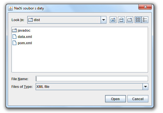 Spuštění programu a načtení dat Spuštění programu Program se spouští souborem med_text_tools.jar. Po jeho spuštění je postupně nabídnuto načtení zpracovávaných dat, slovníku a seznamu stop slov.