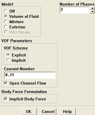 Nyní zahrneme do modelu vliv gravitace. Define Operating Conditions... Zaškrtneme Gravity a definujeme velikost v ose Y dle obr. Dále definujeme vícefázové proudění. Define Models Multiphase.