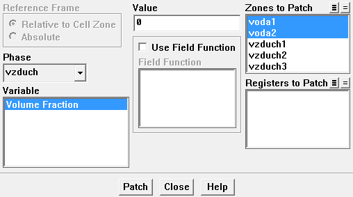 Dále přiřadíme fáze jednotlivým objemům definovaným v Gambitu. Solve Initialize Patch... V kolonce Phase vybereme vzduch. Ve variable označíme Volume Fraction. V kolonce Value máme hodnotu 0.