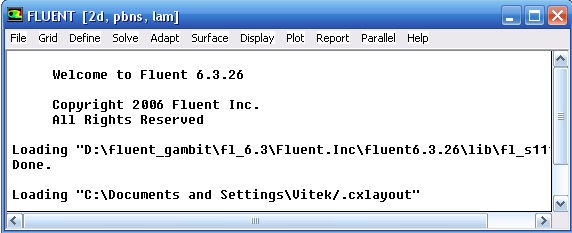 Obr. 3.48 Základní spouštěcí okno Fluentu Obr. 3.49 Základní okno Fluentu o Prostředí programu Fluent Základní okno programu Fluent tvoří pouze horní roletové menu a textové okno.