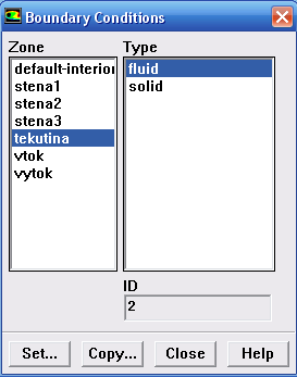 o Nastavení okrajových podmínek Zvolíme Define Boundary Conditions Tabulka (obr. 3.57) Ve sloupci Zone jsou vypsány výpočtové oblasti a jejich okraje.