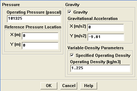 Nyní zahrneme do modelu vliv gravitace. Define Operating Conditions... Zaškrtneme Gravity a definujeme velikost v ose Y dle obr. Zároveň zapneme operační hustotu vzduch (Specified Operating Density).