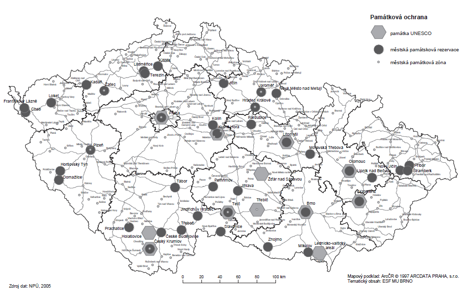 Kartogram: Městské památkové rezervace a zóny, památky UNESCO Pramen: