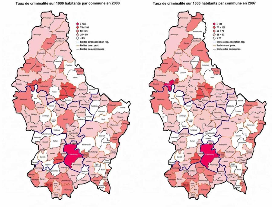 Policejní statistika (nápad zjištěné trestné činnosti na 1 000 obyvatel v jednotlivých obcích, roky 2005, 2004, 2008 a 2007).