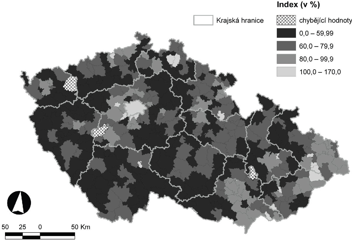 2. Významná část periferních území se nachází ve vnitrozemí Česka při hranicích administrativních jednotek krajů a to často krajů v současném územním vymezení (z roku 2000), ačkoli v obdobích