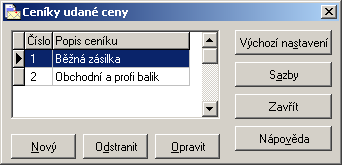 Zahájení práce s programem 15 Ceníky základní sazby Ceník otevřete volbou Základní sazba z plovoucí nabídky, která se otevře po kliknutí pravým tlačítkem myši na tlačítko Odeslaná pošta z panelu