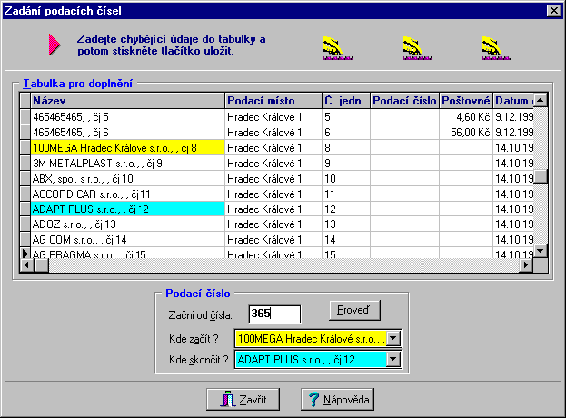 3. Vyberte si co všechno chcete doplnit. ( V našem případě podací číslo. ) 4. Klikněte na tlačítko Další. 5. V tabulce pro doplnění se vám objevily všechny zásilky, kde podací číslo chybí. 6.