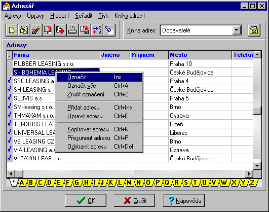 Označování adres v adresáři. K čemu slouží označování? Označování je nejjednodušší cesta k výběru vašich adres z adresáře. Např.