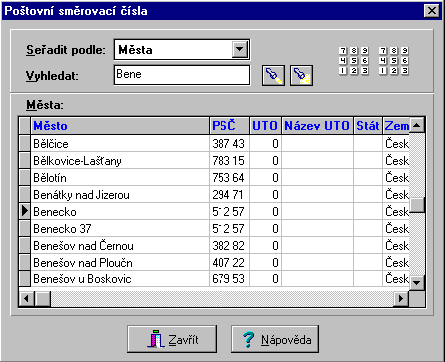 PSČ 1. Klikněte na tlačítko PSČ??? 2. Vyberte si podle čeho se mají údaje seřadit. ( Např. podle měst ) 3. Napište název města které hledáte ( stačí i část - viz. obr. ). 4.