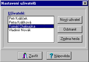 Uživatelé programu Nastavení uživatelů v síťové verzi programu viz. nápověda!!! Přístup do programu můžete omezit jen na urč. osoby. Každá má své uživatelské jméno a heslo.